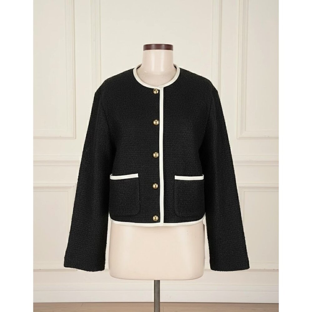 NWT Reformation Dale Cropped Jacket in Black White Trim Tweed Wool Blend M